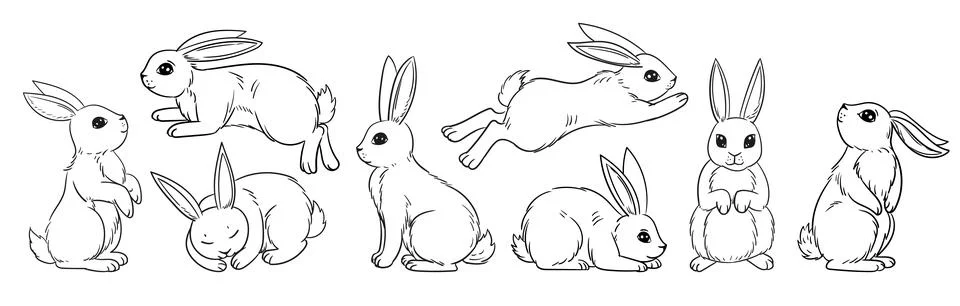Various cute bunnies, spring, easter bunny in sketch style. Rabbit sits, sleeps Stock Illustration