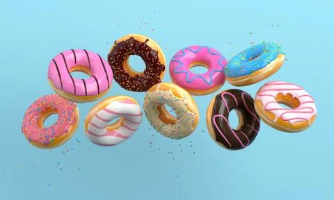 Various decorated donuts in motion falling on blue background. Sweet and Stock Illustration