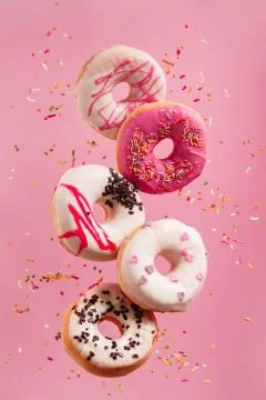 Various decorated doughnuts in motion falling on pink background. Stock Photos