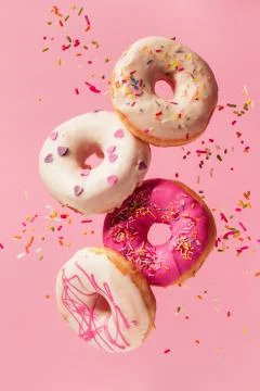 Various decorated doughnuts in motion falling on pink background. Stock Photos