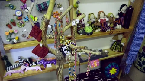 Various, Decorative, Artisan-Made Handmade Jewelry, Rag Dolls, Purses and More. Stock Footage 306401392