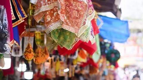 Various decotative items and netted cloths kept for sale Stock-Footage 286246979