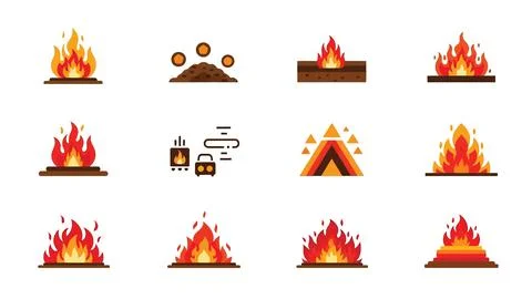 Various depictions of fire and campfires for outdoor settings and symbolic .. Stock Illustration