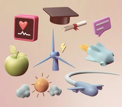 Various design 3d obects icons, Not gen Ai Stock Illustration
