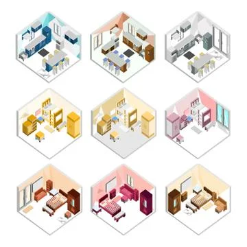 Various Design of Isometric Home Interior Illustration Set Stock Illustration