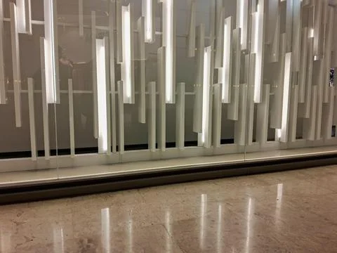Various details of a large empty display window. Stock Photos