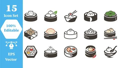 Various dim sum and steamed dumpling menu icons with dumpling, restaurant Stock Illustration