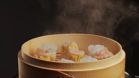 Various of dim sum on wooden steamer close-up macro. Steaming Technique. Chinese Stock Footage 263084348