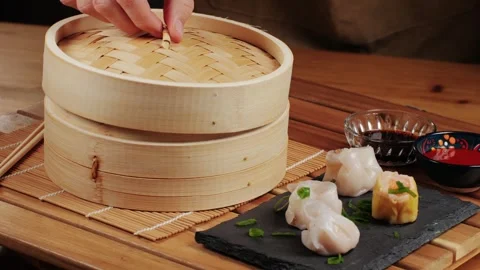 Various of dim sum on wooden steamer close-up macro. Steaming Technique. Chinese Stock Footage 266959746