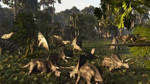 Various dinosaurs of the Hell Creek Formation. Stock Illustration