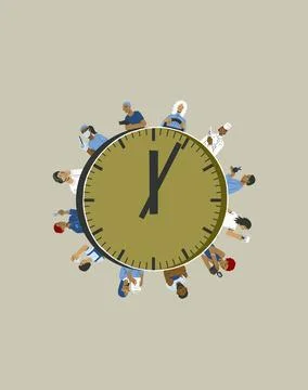 Various diverse working professionals surrounding large clock on gray background Stock Illustration