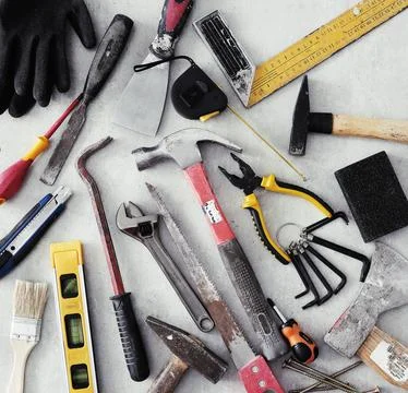 Various DIY tools on the table Stock Photos