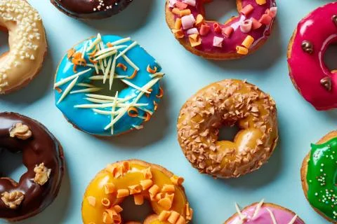 Various donuts on blue background, from above Stock Photos