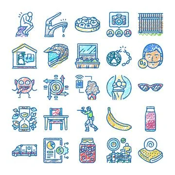 Various doodle chalk drawing icons on white background Stock Illustration