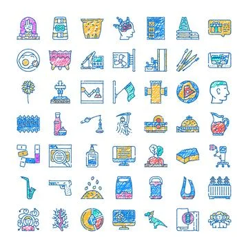 Various doodle style icons collection illustrating diverse concepts Illustrazione stock