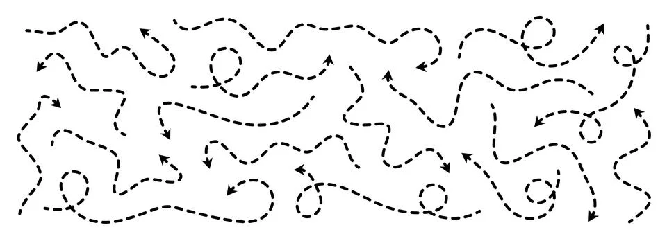 Various dotted thin arrow set. Wavy and curved dashed pointer collection Stock Illustration
