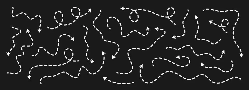 Various dotted thin arrows set. Wavy and curved dashed pointers collection Stock Illustration