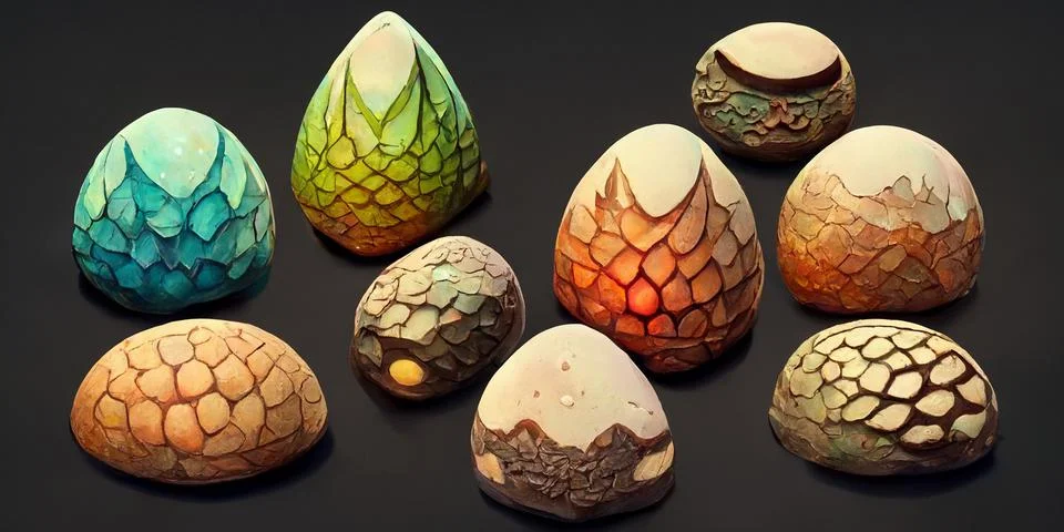 Various dragon eggs, many eggs waiting to hatch. Stock Illustration