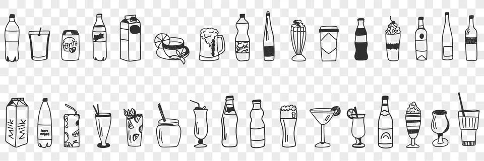 Various drinks collection doodle set Stock Illustration