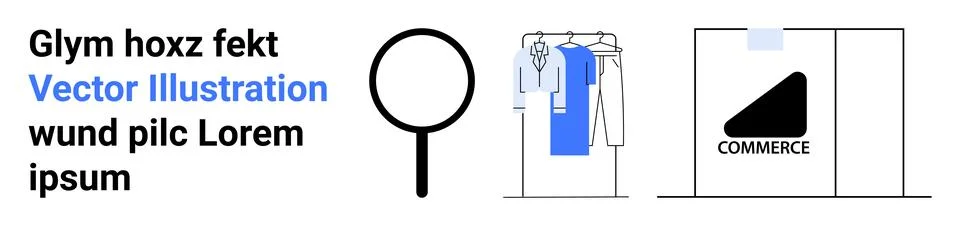 Various e-commerce elements including a clothes rack, a magnifying glass, and Stock Illustration