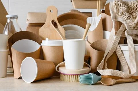 Various eco-friendly items made from biodegradable natural materials. Stock Photos