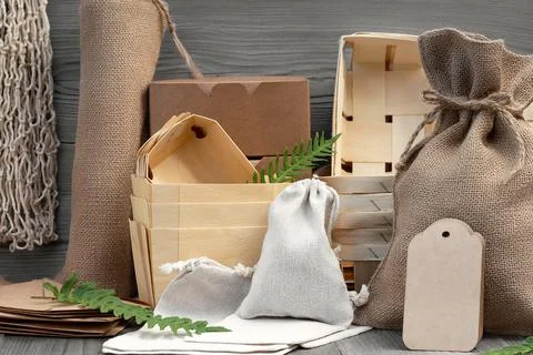 Various Eco friendly packaging made from natural recyclable materials. Enviro Stock Photos