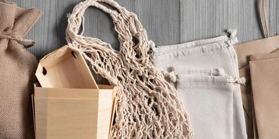 Various Eco friendly packaging made from natural recyclable materials. Enviro Stock Photos