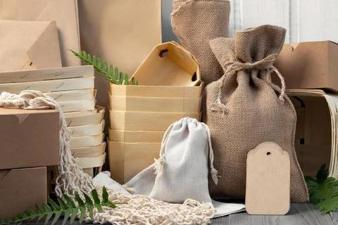 Various Eco friendly packaging made from natural recyclable materials. Enviro Stock Photos
