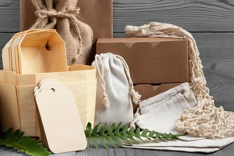 Various Eco friendly packaging made from natural recyclable materials. Enviro Stock Photos