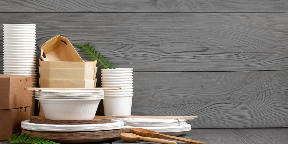 Various Eco friendly tableware made from natural, recyclable materials. Envir Stock Photos