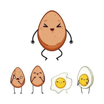 Various egg characters expressing different emotions and food types Stock Illustration