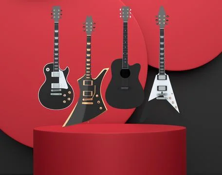 Various electric and acoustic guitars floating over podium on a pastel colo.. 스톡 일러스트