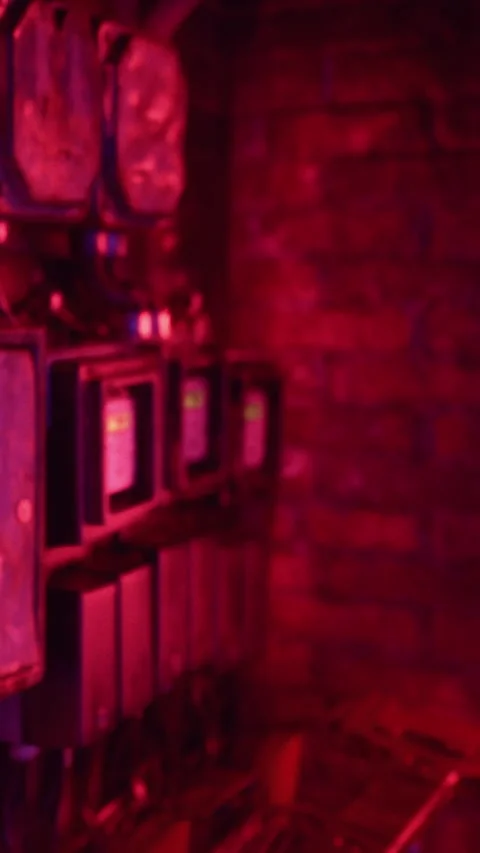 Various electronic devices in a room with red lighting and brick walls Stock Footage 340893405