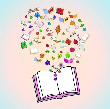Various element flowing from a book. Vector illustration Stock Illustration