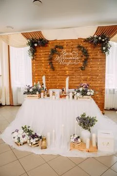 Various elements of the decoration of the wedding hall 3875. Stock Photos