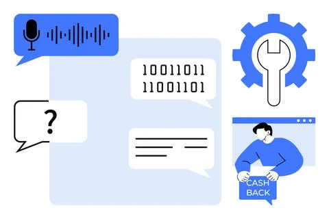 Various elements of digital communication and technology are shown, including Stock Illustration