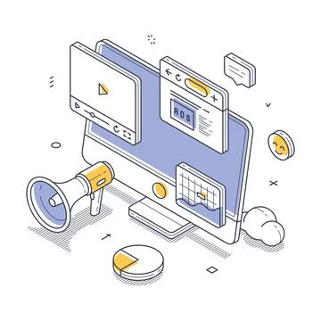 Various elements of digital marketing, including a computer displaying ads, m 스톡 일러스트