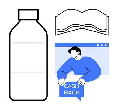 Various elements including a plastic bottle, an open book, and a person holdi Illustrazione stock