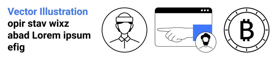 Various elements including profile icons, browser window with a pointing hand Stock Illustration