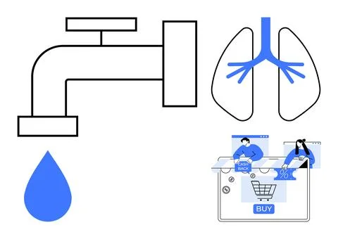 Various Elements Including Water Faucet, Lungs, and Online Shopping Cart Hi.. Stock Illustration