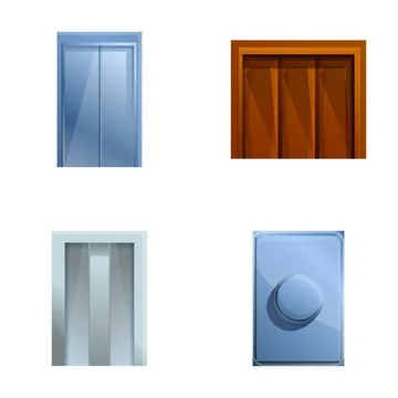 Various elevator icons set cartoon vector. Glass and steel elevator Stock Illustration