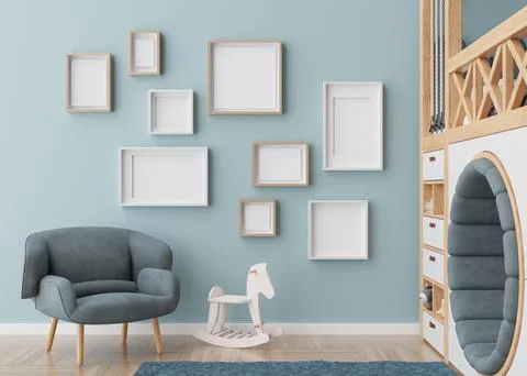 Various empty picture frames on blue wall in modern child's room. Mock up Stock Illustration