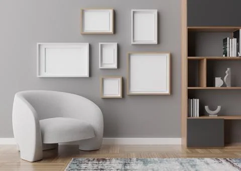 Various empty picture frames on gray wall in modern room. Mock up interior in Stock Illustration
