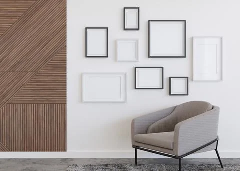 Various empty picture frames on white wall in modern room. Mock up interior in 스톡 일러스트