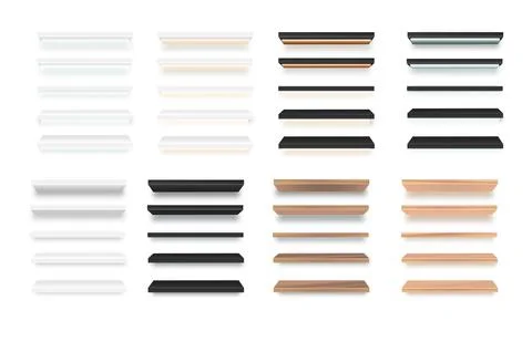 Various empty wooden store shelves set. Grocery rack. Vector Stock Illustration