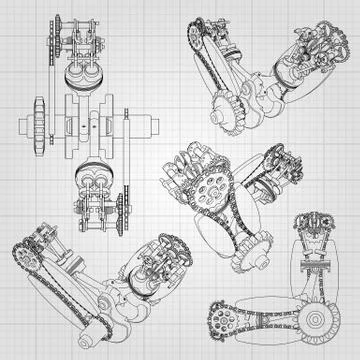 Various engine components, pistons, chains, nozzles and valves are depicted in Stock-Illustration