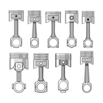 Various engine pistons and connecting rods outline art Illustrazione stock