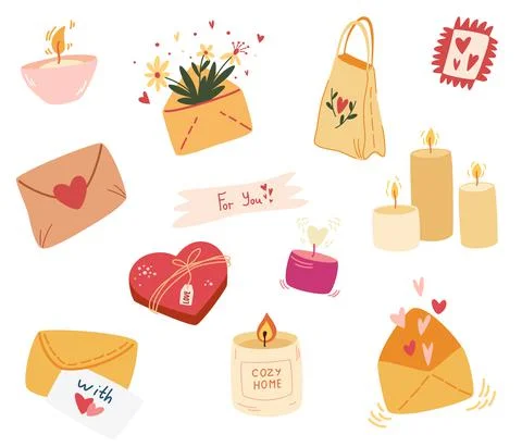 Various Envelopes with mail, postmarks, candles, handmade cards. Decorative w Stock Illustration