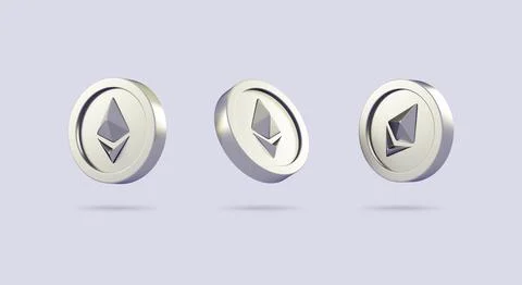 Various ethereum ETH silver coins isolated on neutral background in 3D cartoo Stock Illustration
