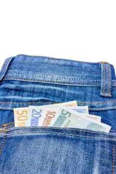 Various euro notes in jeans back pocket Stock Photos